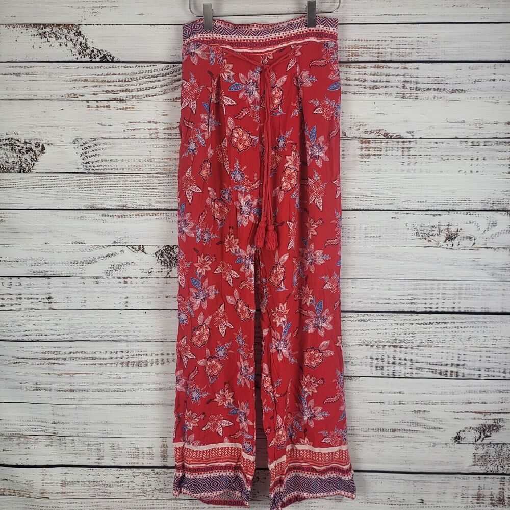 Gypsies & Moondust Pants M Womens Pull On Straight Leg Mid Rise Red Floral Print